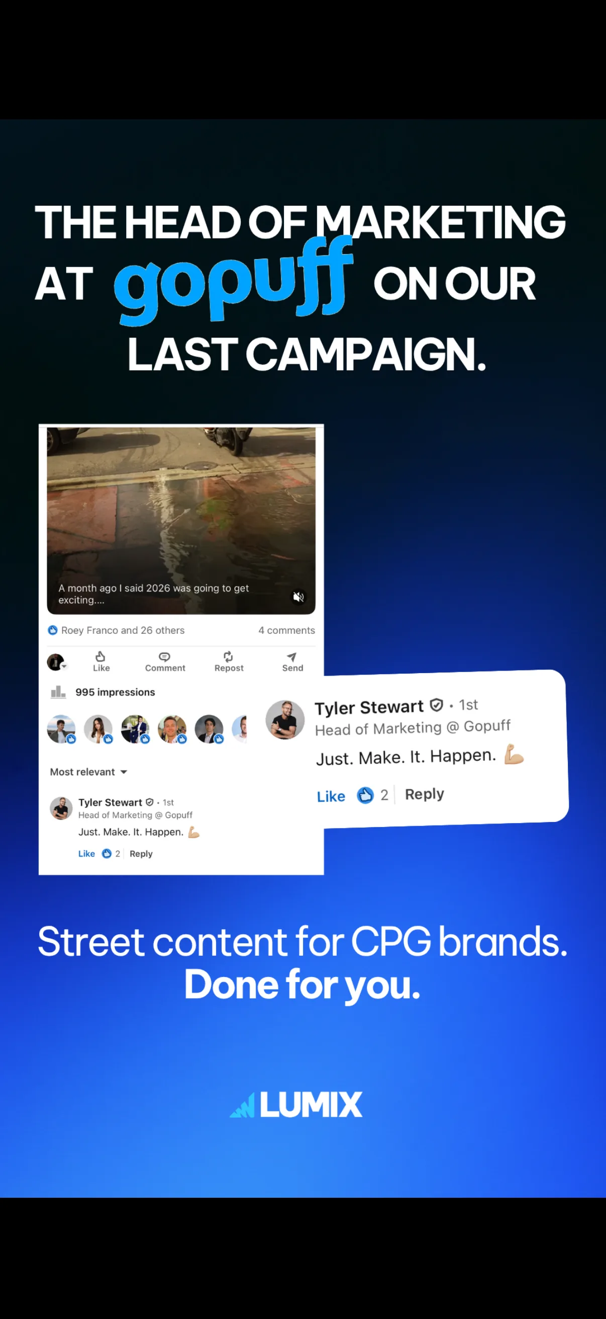 LinkedIn comment from Tyler Stewart, Head of Marketing at GoPuff